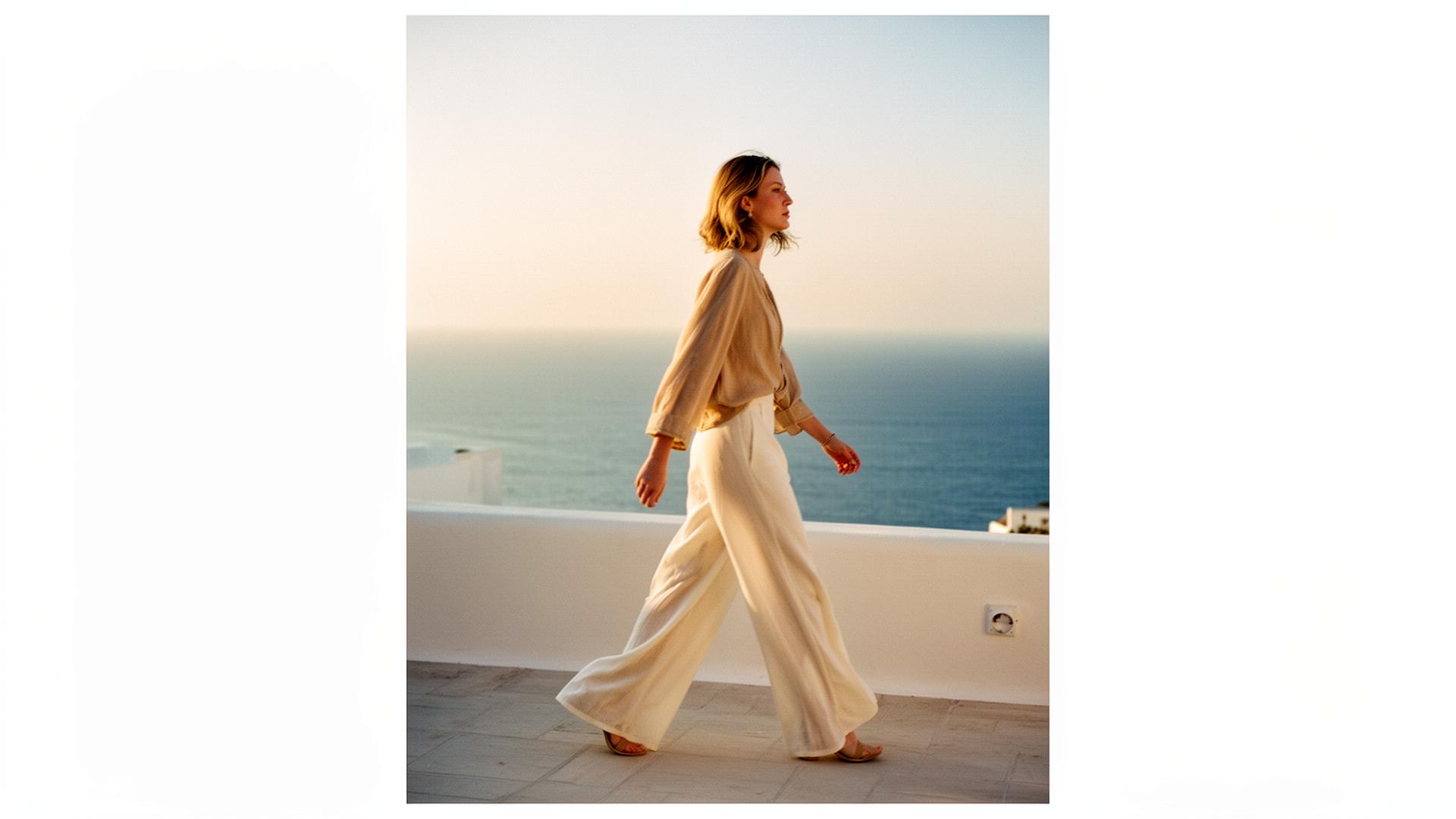 Woman in flowing linen on a Mediterranean coastal terrace at golden hour